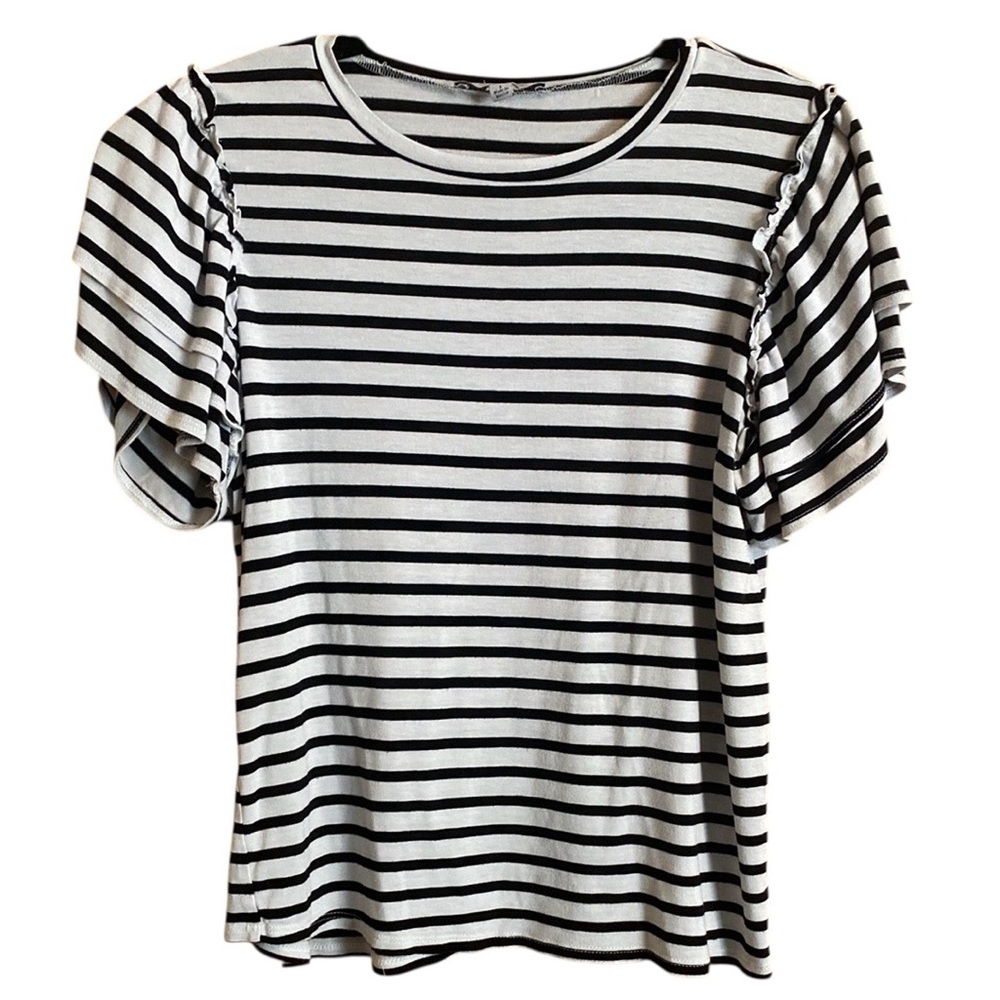 Green Envelope Striped Top Ruffle Sleeves Large White Black